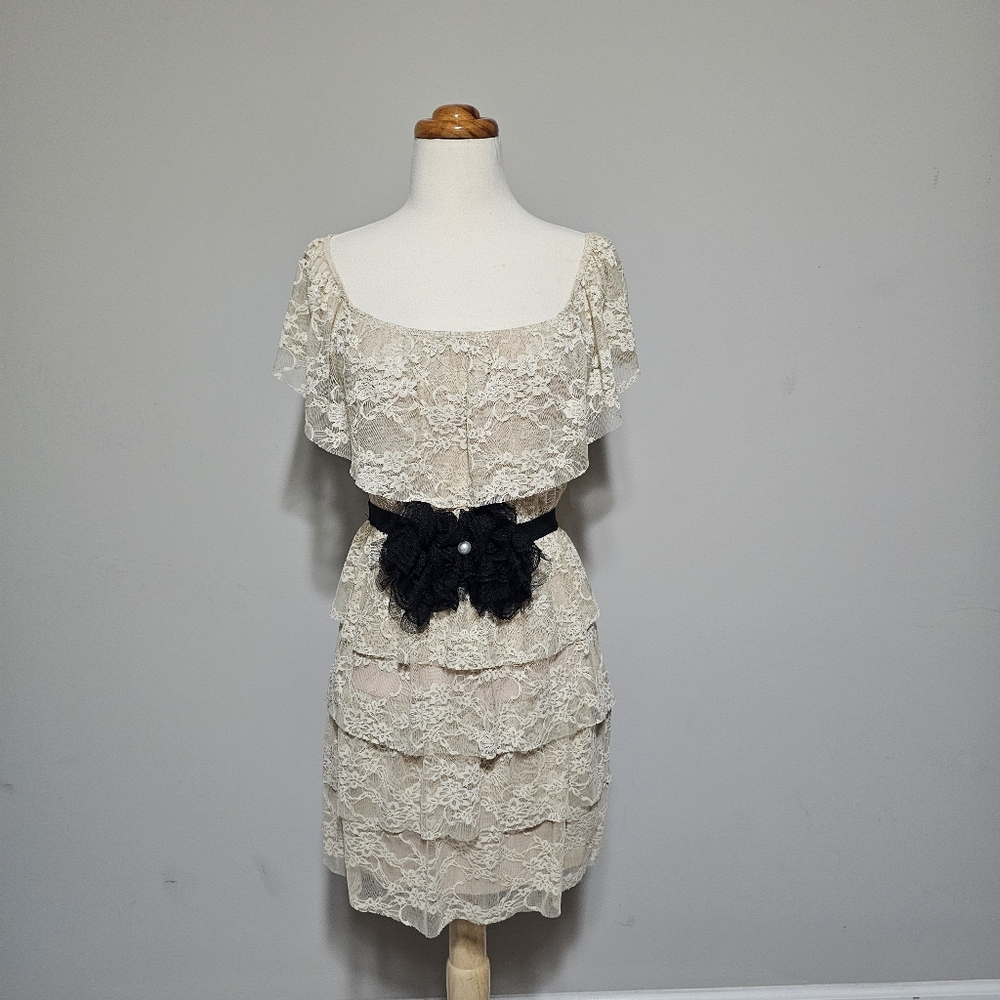 Marquis Cream Lace Tiered Dress Black Bow
